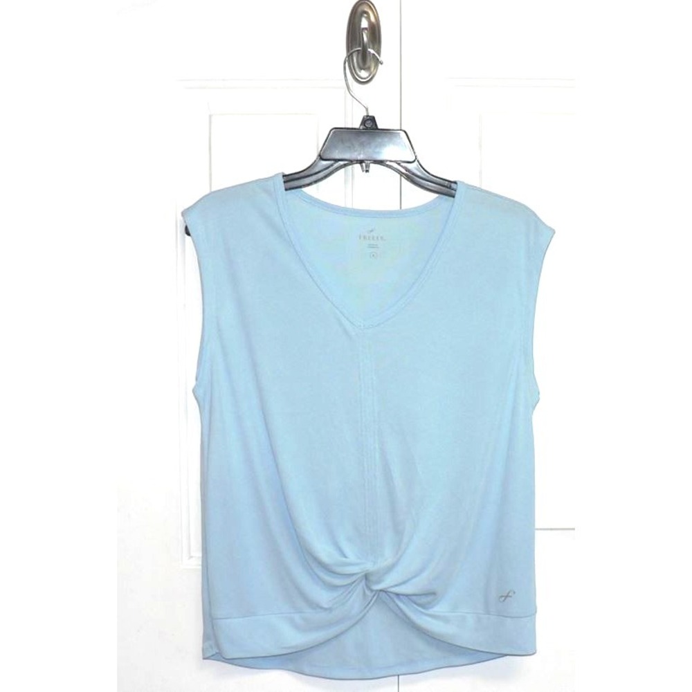 Freely Women's V-Neck Center Seam Twist Knot Hem Sleeveless Top in Lt Blue Small